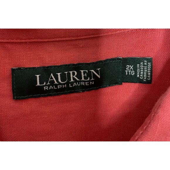 Lauren Ralph Lauren Plus 2X Blouse Top 100% Linen Short Sleeve Shirt Orange - Picture 3 of 6